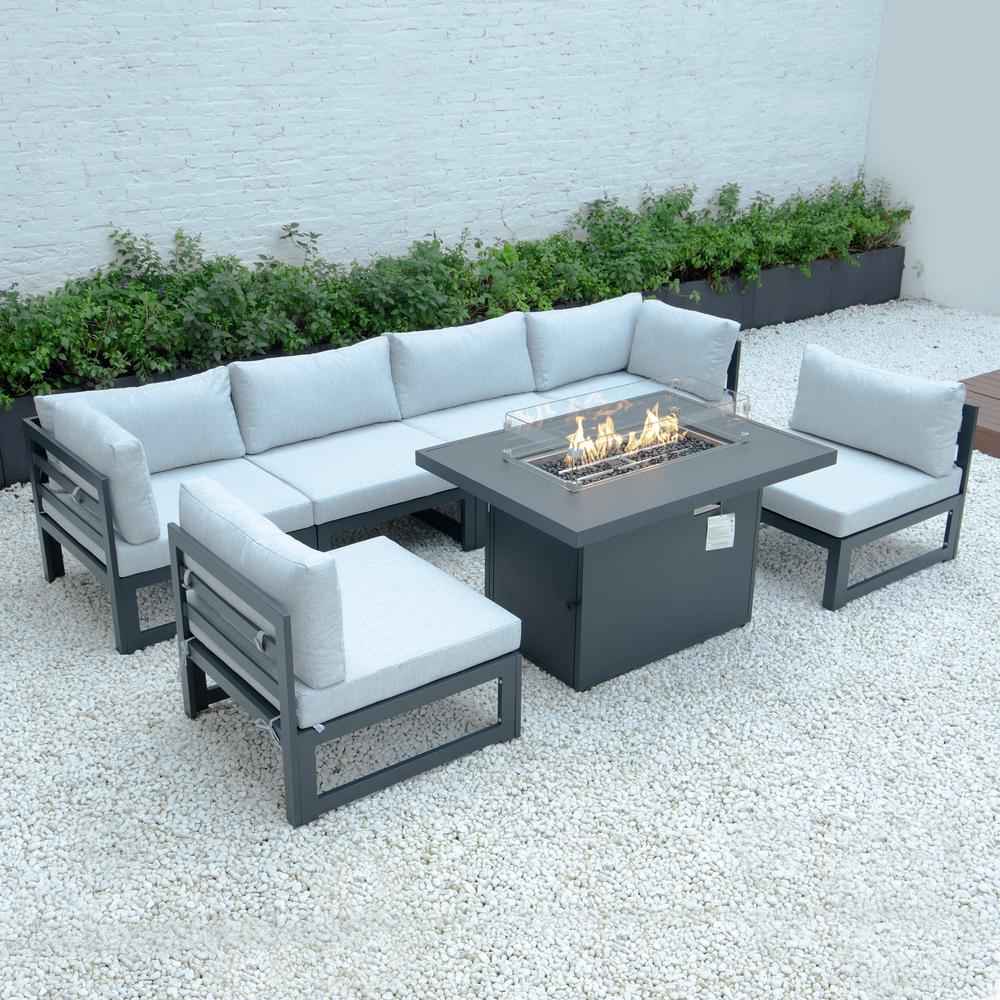 Chelsea 7-Piece Patio Sectional And Fire Pit Table Black Aluminum With Cushions