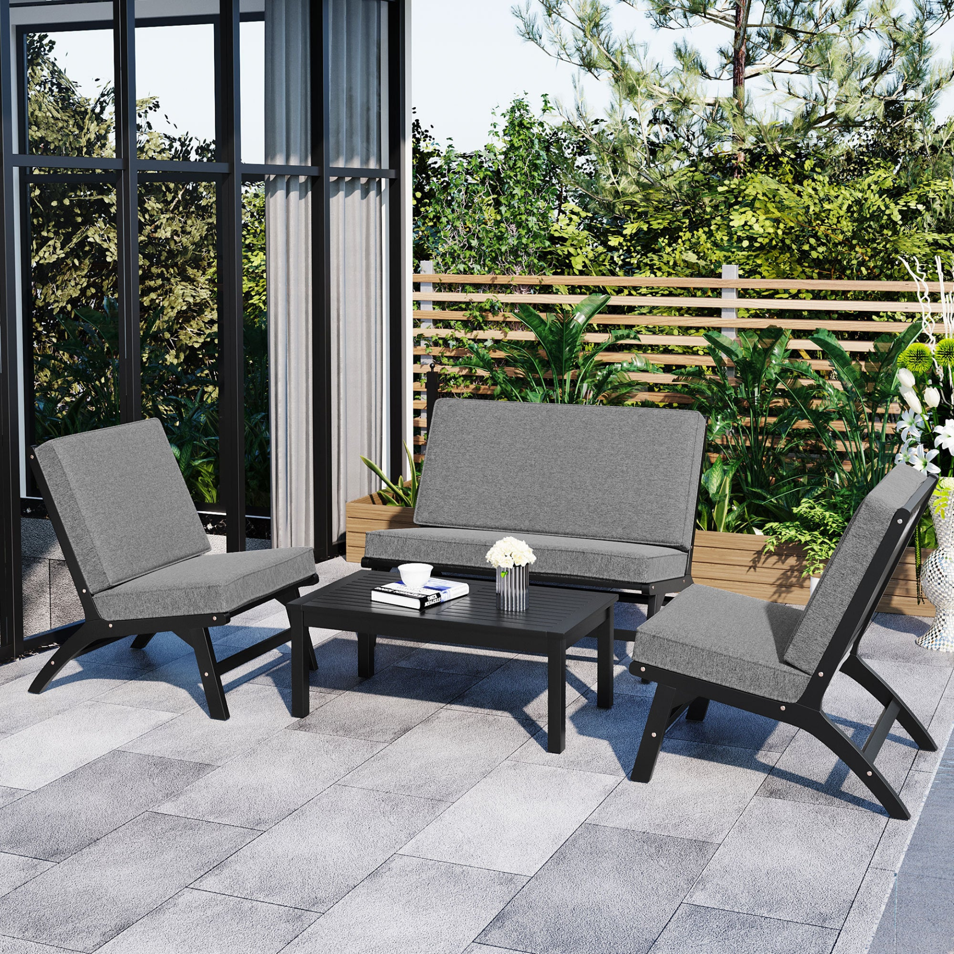 4-Piece V-shaped Seats set, Acacia Solid Wood Outdoor Sofa, Garden Furniture, Outdoor seating, Black And Gray