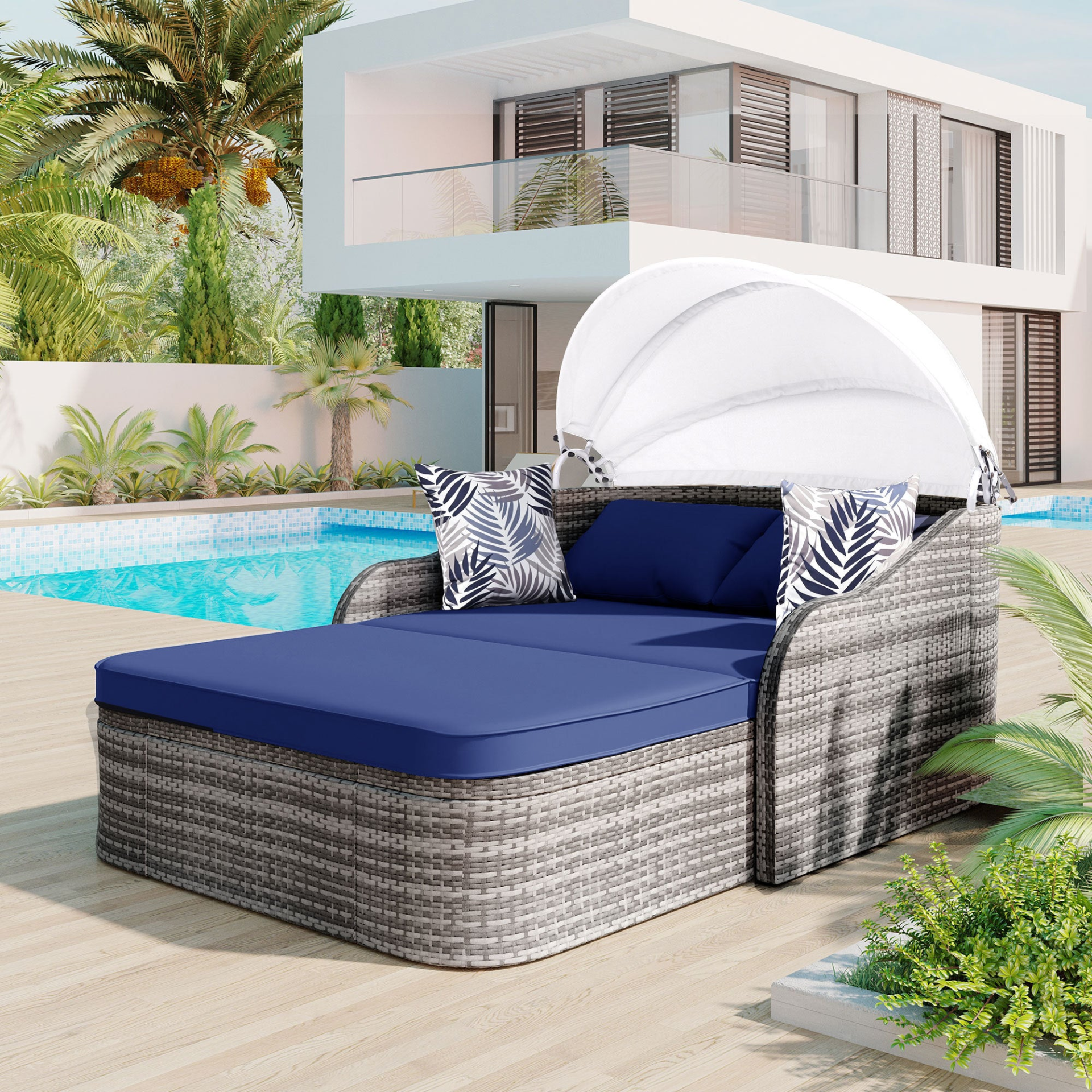 79.9" Outdoor Sunbed with Adjustable Canopy, Daybed With Pillows, Double lounge, PE Rattan Daybed, Gray Wicker And Blue Cushion