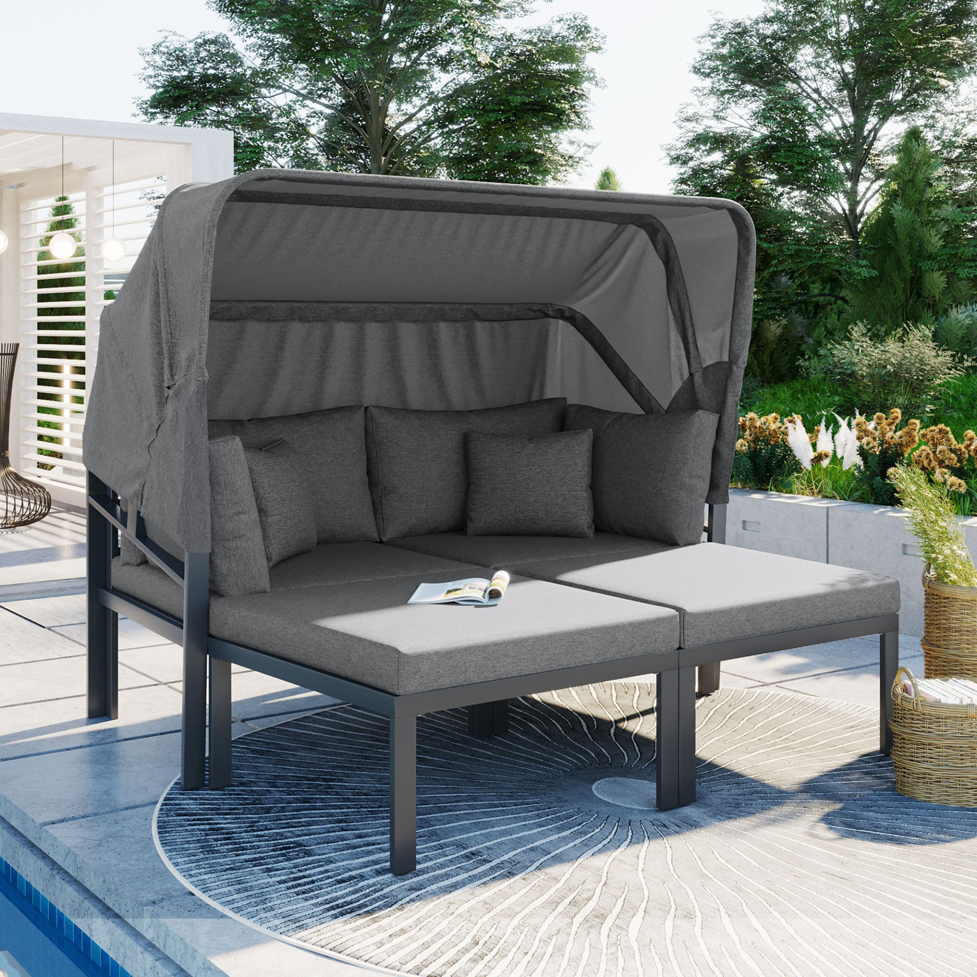 3-Piece Patio Daybed with Retractable Canopy Outdoor Metal Sectional Sofa Set Sun Lounger with Cushions for Backyard, Porch, Poolside,Grey