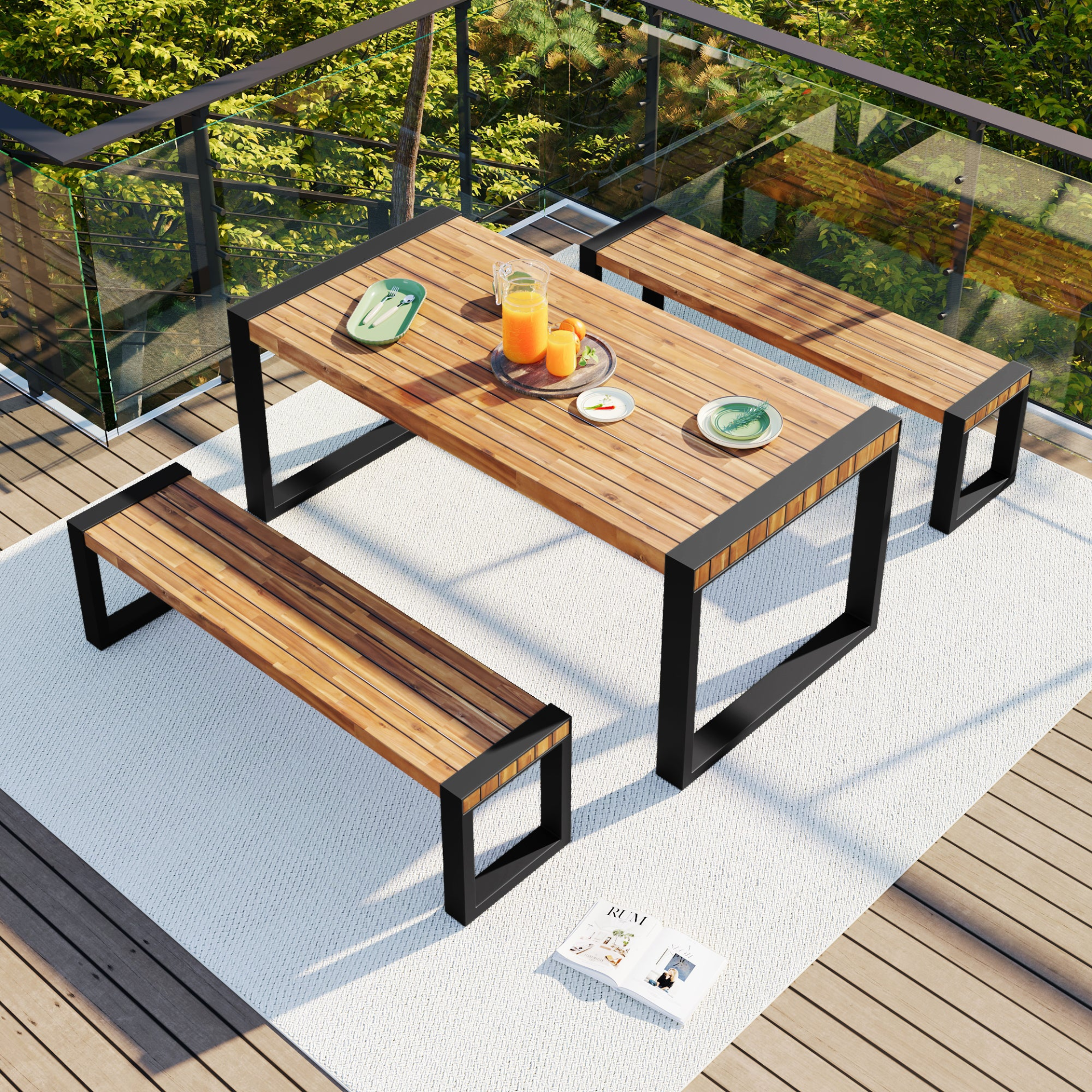 3-pieces Outdoor Dining Table With 2 Benches, Patio Dining Set With Unique Top Texture, Acacia Wood Top & Steel Frame, All Weather Use, For Outdoor & Indoor, Natural