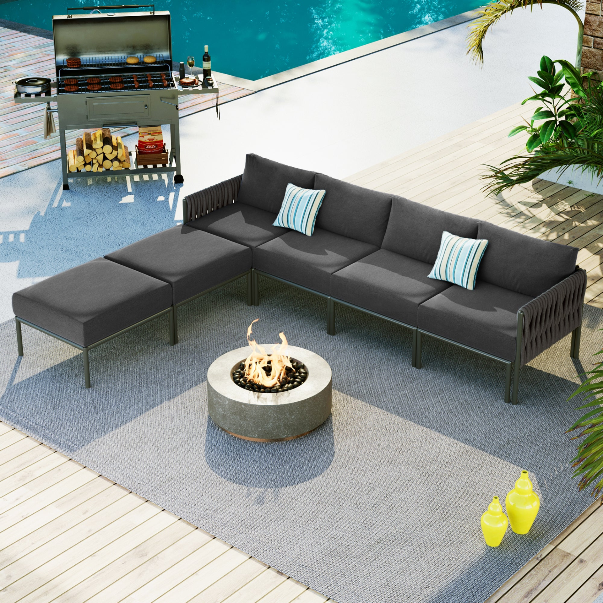 6-Pieces Aluminum Patio Furniture Set, Modern Metal Outdoor Conversation Set Sectional Sofa With Removable Olefin Extra Thick Cushions 5.9" Cushion, Grey