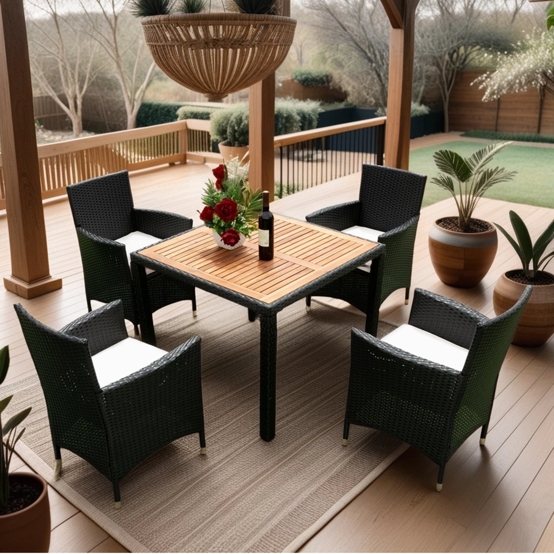 5 piece Outdoor Patio Wicker Dining Set Patio Wicker Furniture Dining Set w/Acacia Wood Top Black Wicker + Creme Cushion